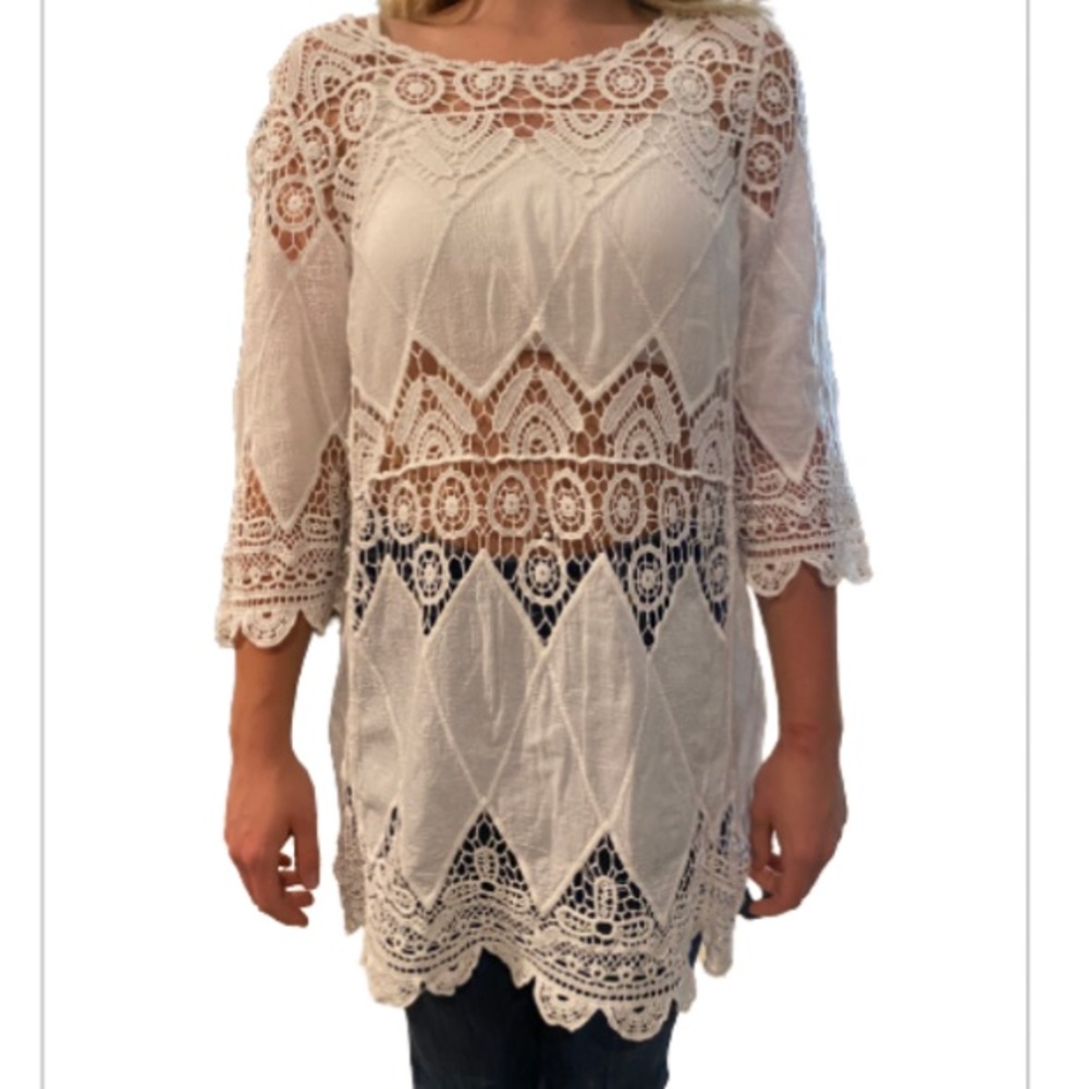 Unbranded, white crocheted, and linen like fabric swim cover-up.